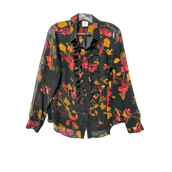CAbi Catherine Ruffled Semi Sheer Blouse Black Red Floral Long Sleeves SZ M - Picture 1 of 5
